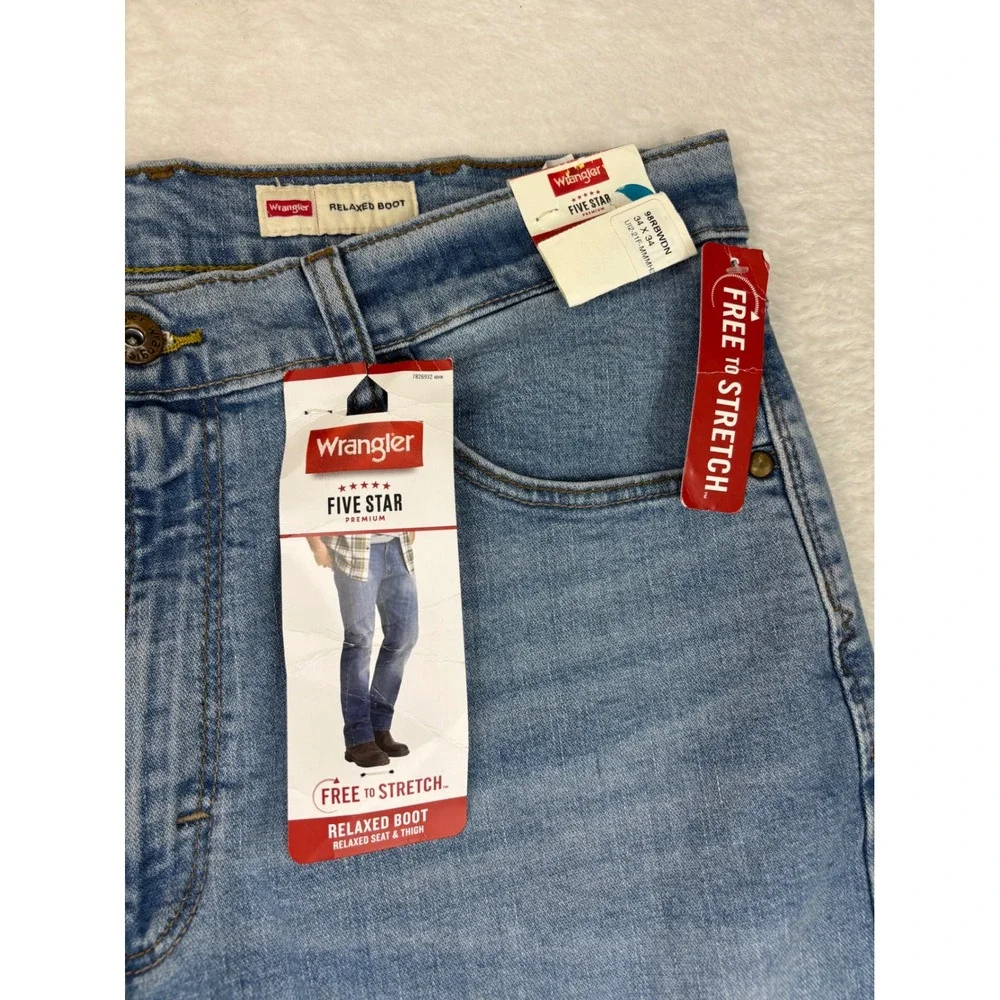 Wrangler Five Star Men's 34x34 Premium Bootcut Jeans Light Blue Washed Workwear